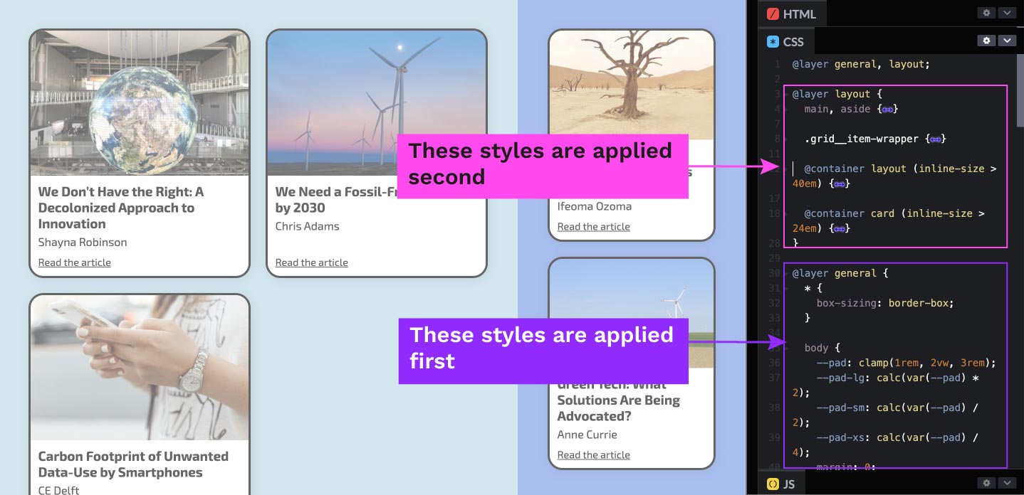 Container queries demo of a grid of cards in Codepen showing the order in which layers are applied in the CSS panel